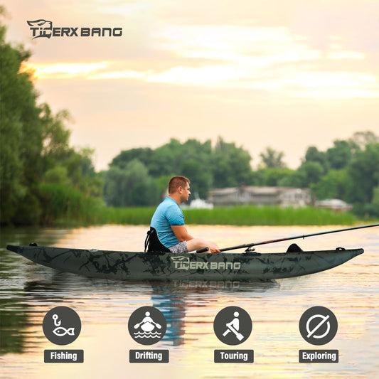 TIGERXBANG Kajak 386x102x27 cm, aufblasbar, abnehmbarer Sitz, SUP-Set, Pumpe, Alu-Paddel, Rucksack, Angeln/Touring