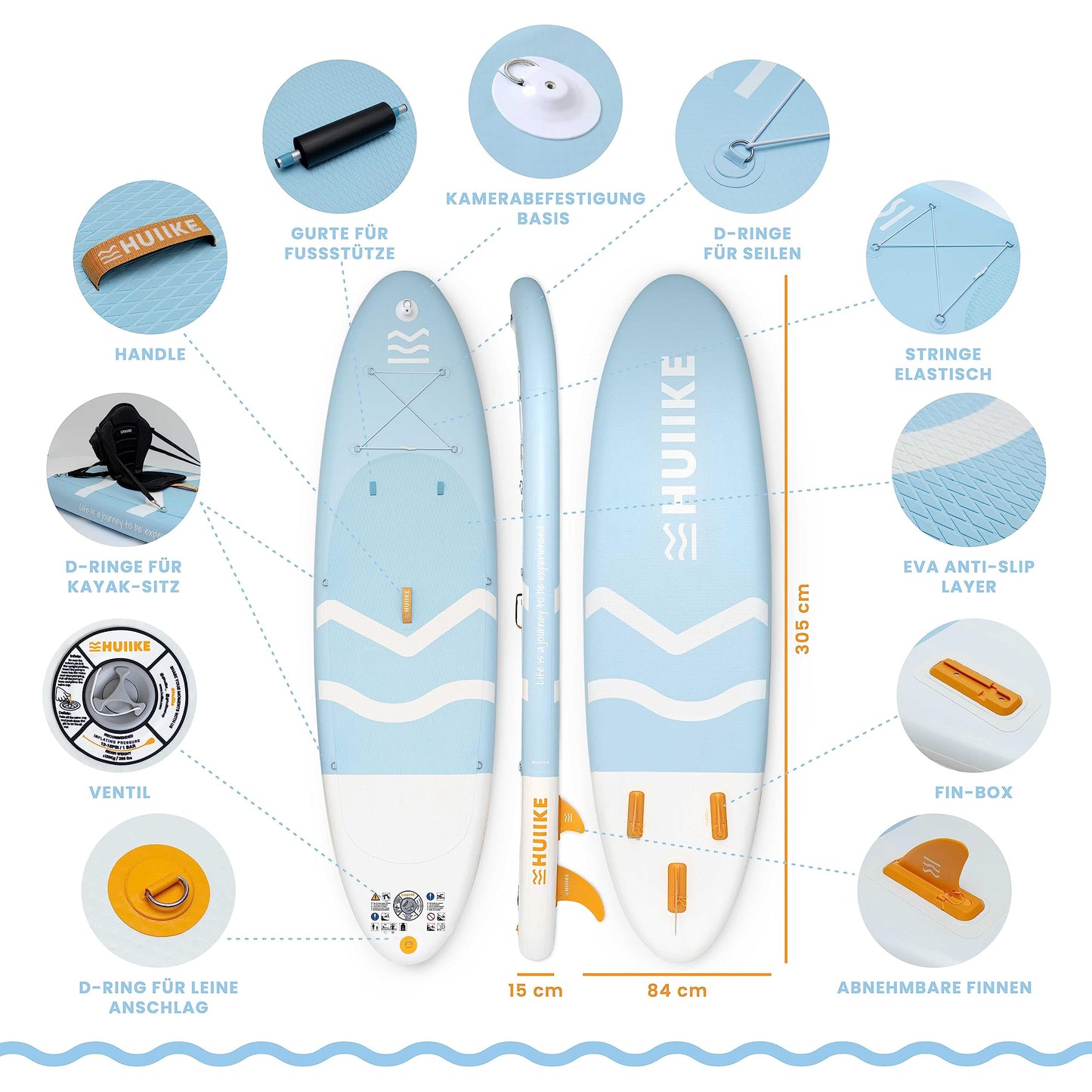 HUIIKE SUP Board 305x84x15 cm, aufblasbar, mit Paddel, Finnen, Pumpe, bis 130 kg, stabil & rutschfest