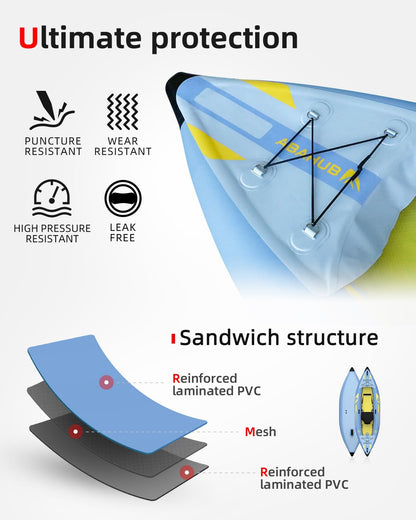 Abahub Kajak 320x89x23 cm, aufblasbar, 1 Person, mit Sitz, Fußstütze, Paddel, Pumpe & Tasche, Hellblau