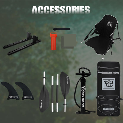 TIGERXBANG Kajak 386x102x27 cm, aufblasbar, abnehmbarer Sitz, SUP-Set, Pumpe, Alu-Paddel, Rucksack, Angeln/Touring