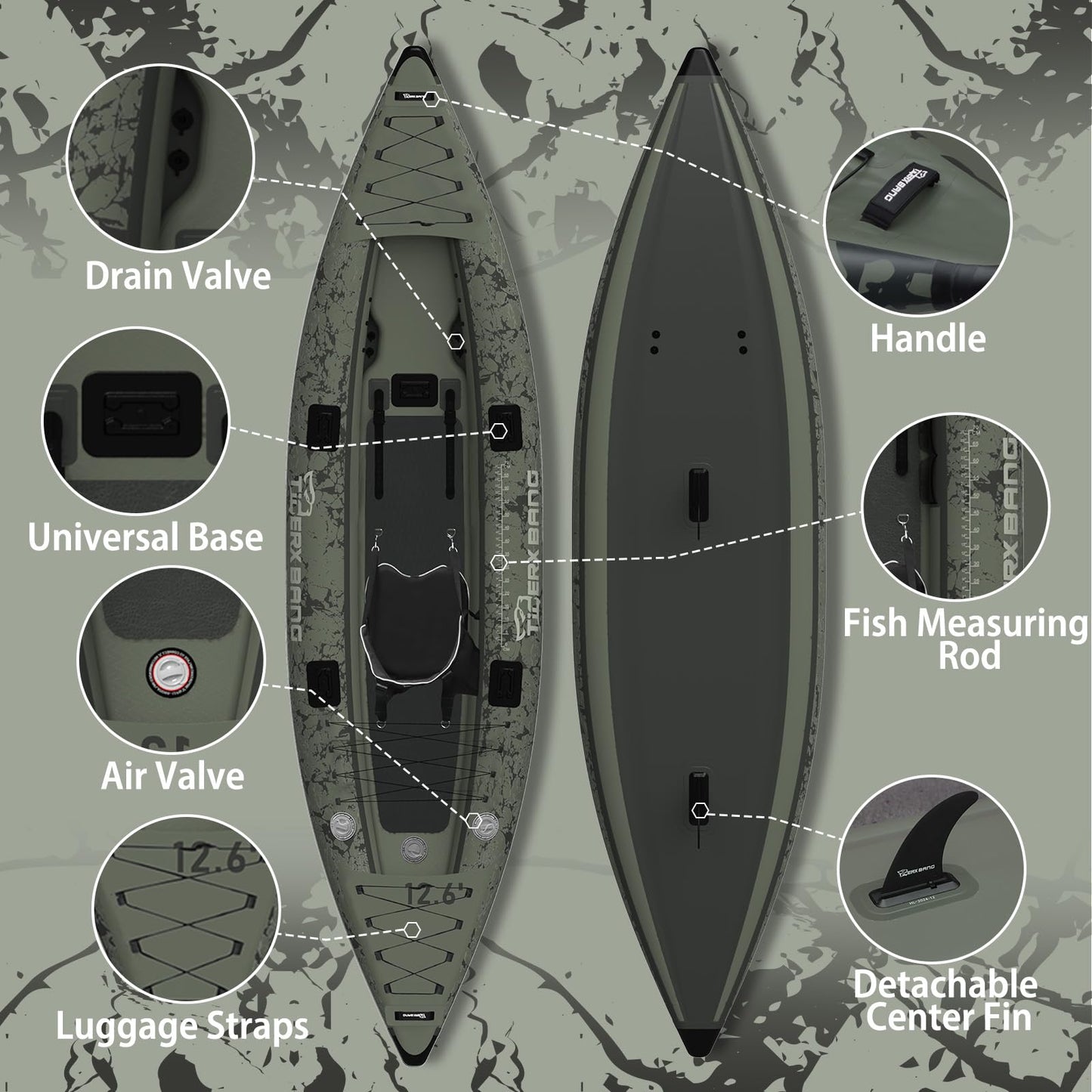 TIGERXBANG Kajak 386x102x27 cm, aufblasbar, abnehmbarer Sitz, SUP-Set, Pumpe, Alu-Paddel, Rucksack, Angeln/Touring