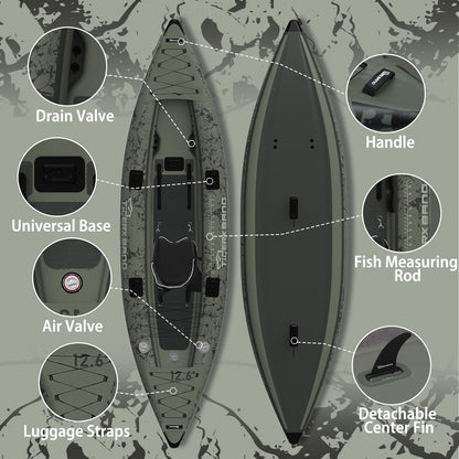 TIGERXBANG Kajak 386x102x27 cm, aufblasbar, abnehmbarer Sitz, SUP-Set, Pumpe, Alu-Paddel, Rucksack, Angeln/Touring