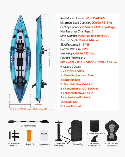 VEVOR Kajak, 2 Personen, Freizeit, 318 kg Tragkraft, PVC Drop-Stitch, gepolsterter Sitz, 2 Paddel, Pumpe & Tasche