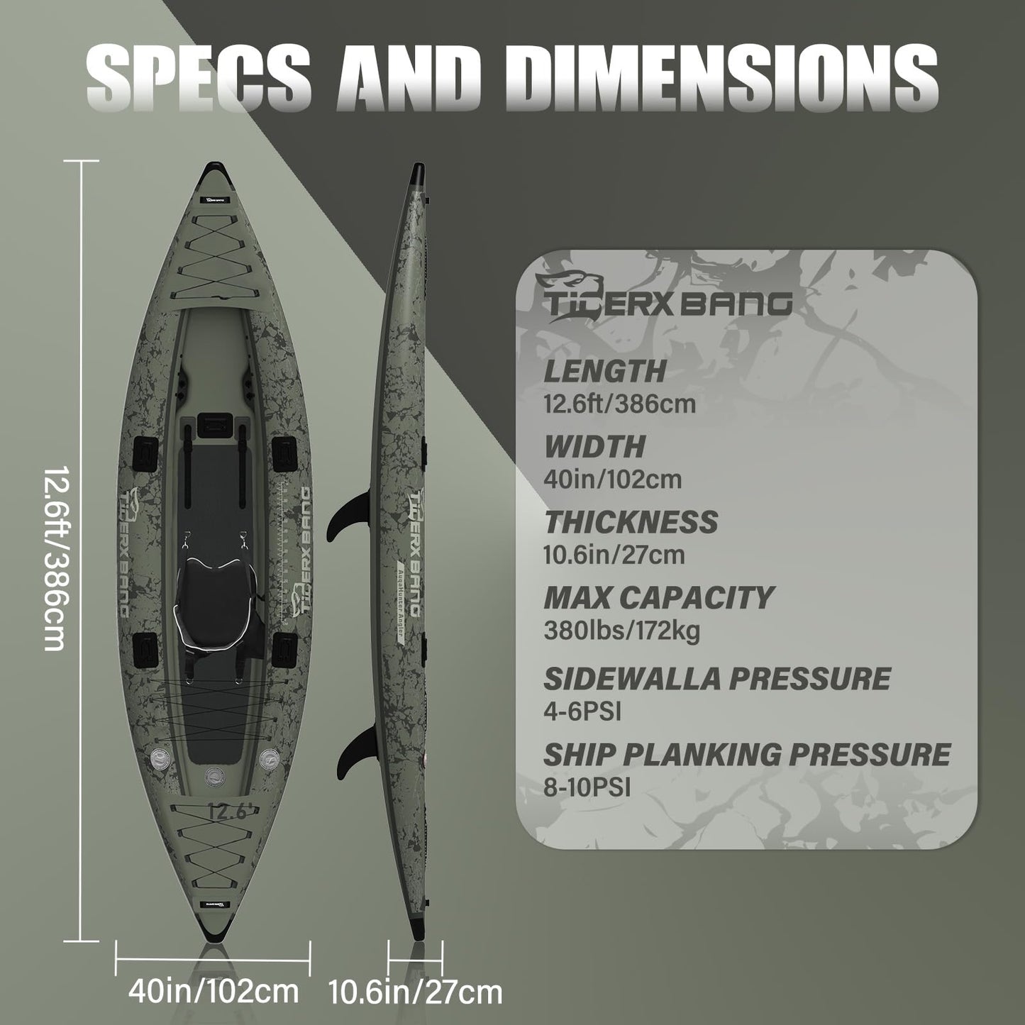TIGERXBANG Kajak 386x102x27 cm, aufblasbar, abnehmbarer Sitz, SUP-Set, Pumpe, Alu-Paddel, Rucksack, Angeln/Touring