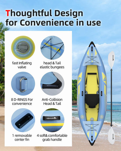 Abahub Kajak 320x89x23 cm, aufblasbar, 1 Person, mit Sitz, Fußstütze, Paddel, Pumpe & Tasche, Hellblau