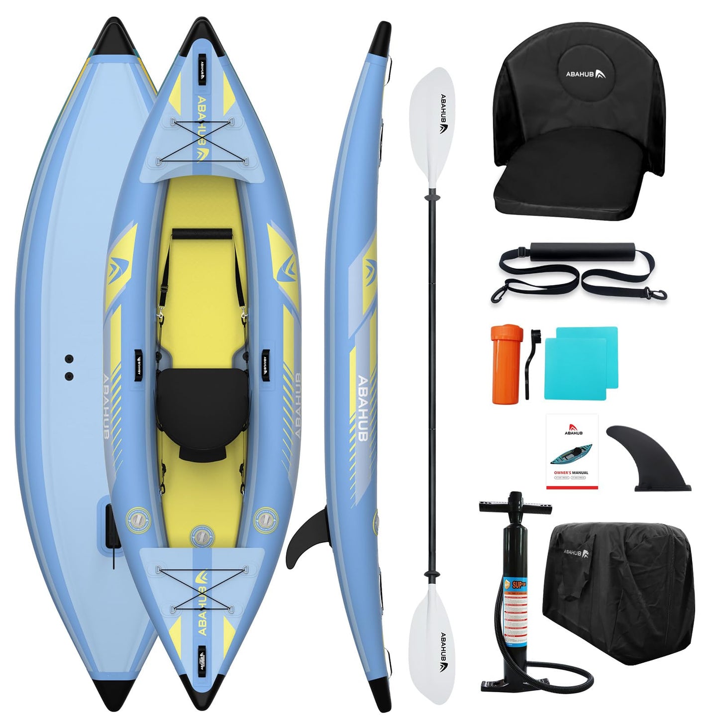 Abahub Kajak 320x89x23 cm, aufblasbar, 1 Person, mit Sitz, Fußstütze, Paddel, Pumpe & Tasche, Hellblau