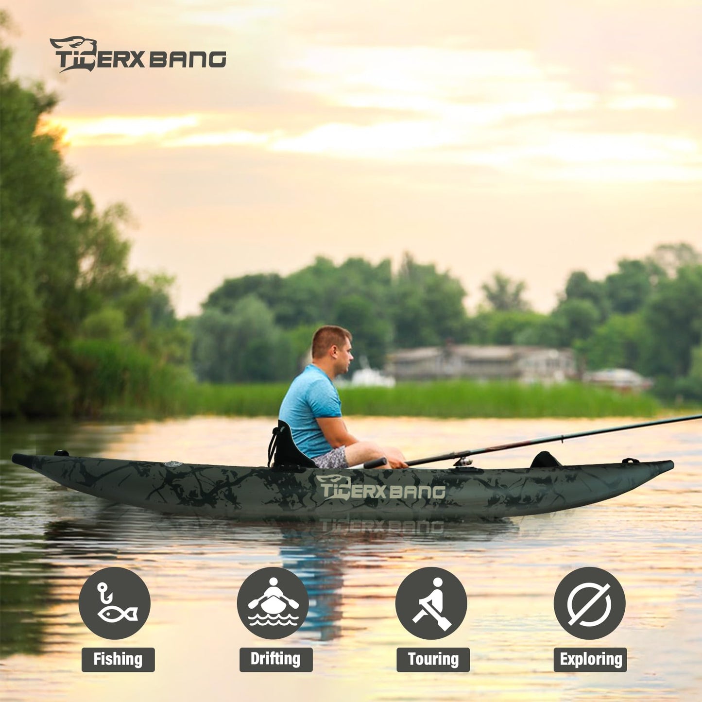 TIGERXBANG Kajak 386x102x27 cm, aufblasbar, abnehmbarer Sitz, SUP-Set, Pumpe, Alu-Paddel, Rucksack, Angeln/Touring