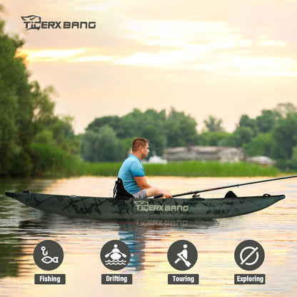 TIGERXBANG Kajak 386x102x27 cm, aufblasbar, abnehmbarer Sitz, SUP-Set, Pumpe, Alu-Paddel, Rucksack, Angeln/Touring