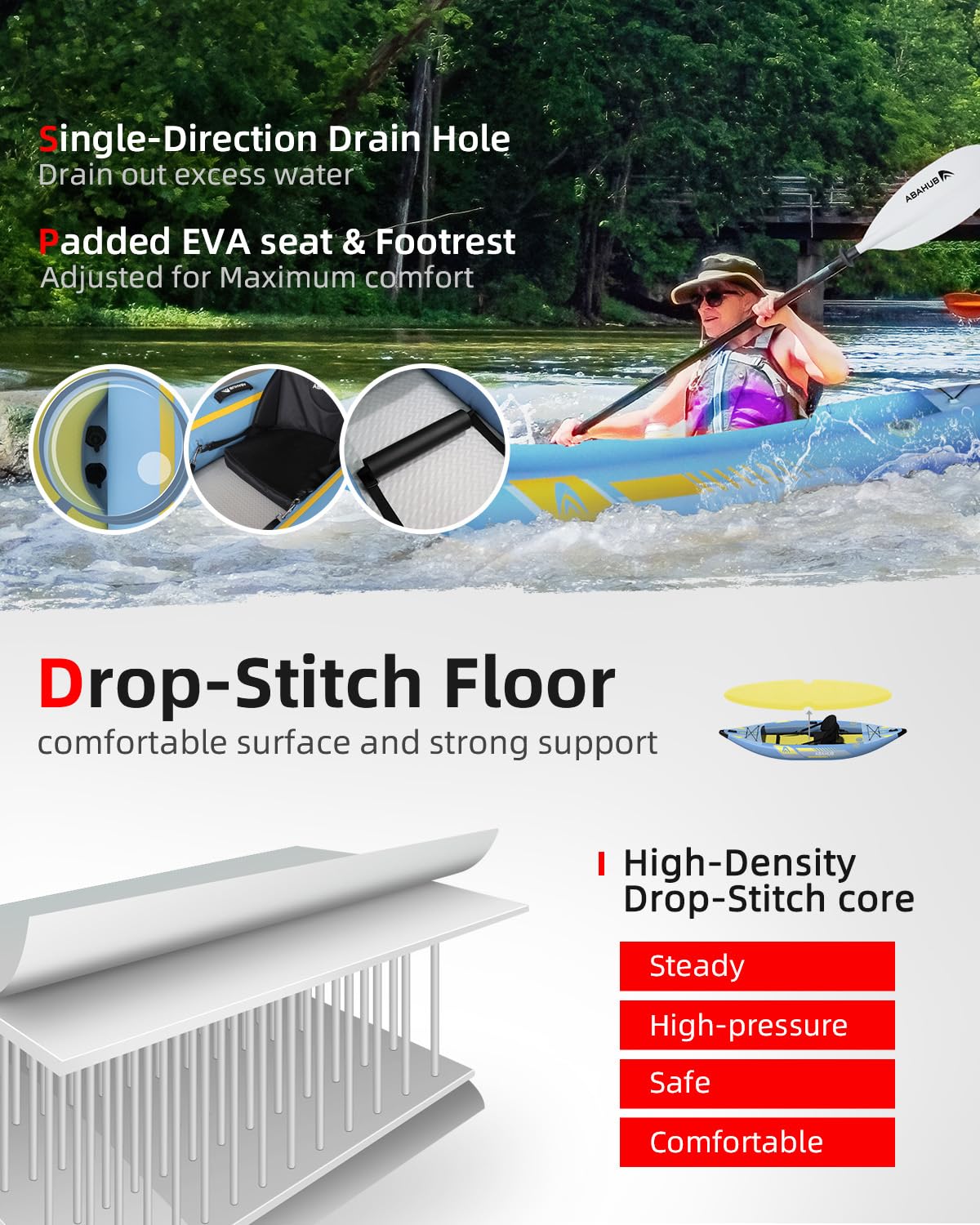 Abahub Kajak 320x89x23 cm, aufblasbar, 1 Person, mit Sitz, Fußstütze, Paddel, Pumpe & Tasche, Hellblau