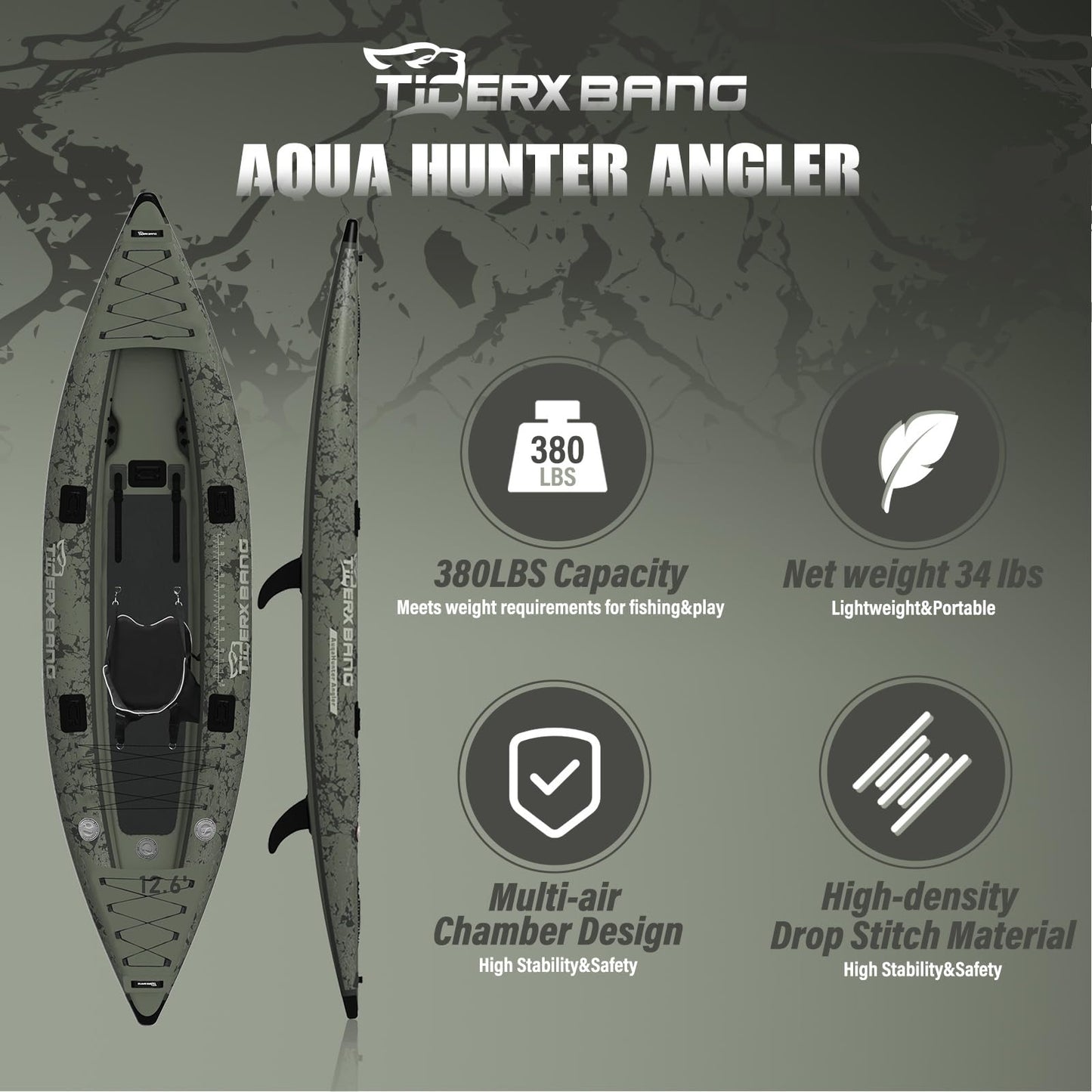 TIGERXBANG Kajak 386x102x27 cm, aufblasbar, abnehmbarer Sitz, SUP-Set, Pumpe, Alu-Paddel, Rucksack, Angeln/Touring