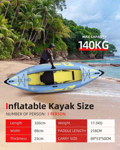 Abahub Kajak 320x89x23 cm, aufblasbar, 1 Person, mit Sitz, Fußstütze, Paddel, Pumpe & Tasche, Hellblau