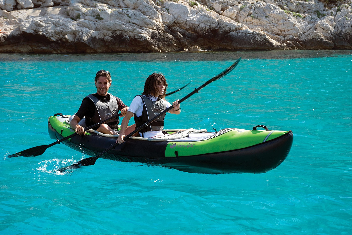 Sevylor Yukon Kajak, 2 Personen, aufblasbar, Faltkajak, Kanadier, Packsack, 382 x 98 cm, Grün/Schwarz