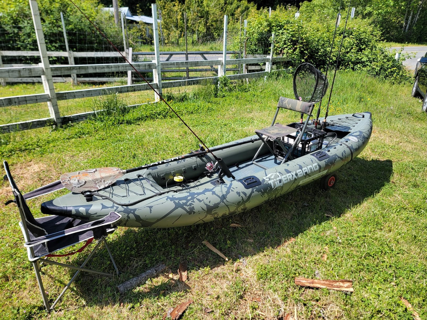 TIGERXBANG Kajak 386x102x27 cm, aufblasbar, abnehmbarer Sitz, SUP-Set, Pumpe, Alu-Paddel, Rucksack, Angeln/Touring